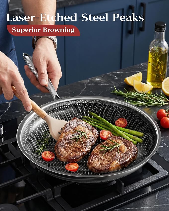 Nonstick Frying Pan with Lid 12-Inch, Durable Stainless Steel Skillet, - Image 3