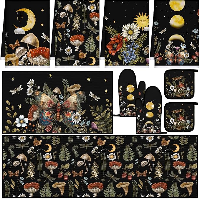 Fourluoo 10 Pcs Kitchen Dish Towels Rugs Oven Mitts and Pot Holders Set by Fourluoo