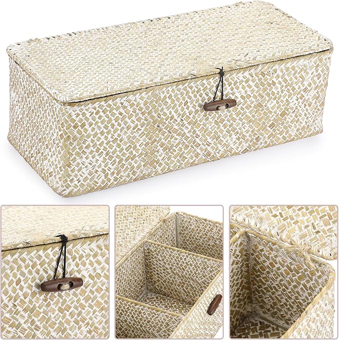 Hipiwe Seagrass Storage Basket Bin 3 Sections Hand-Woven Wicker Baskets - Image 5