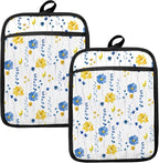 Blue and Yellow Floral Oven Mitts Set, Pot Holders by HUGANE