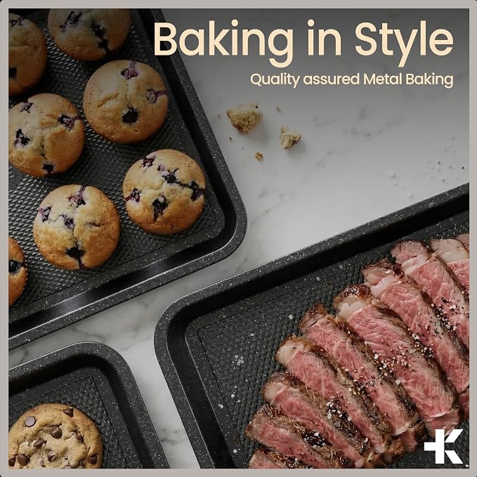 Diamond Bottom Cookie Sheet Set of 2, Nonstick Gray Marble Carbon Steel Baking - Image 8