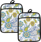 Boho Floral Oven Mitts Set, Vintage Luxury Blue and Gold Flower Floral Heat by HUGANE