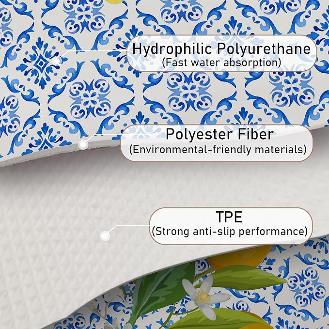 Blue and White Floral Lemon Dish Drying Mat, Mediterranean Tiles Coffee Bar Mat - Image 6