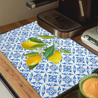 Blue and White Floral Lemon Dish Drying Mat, Mediterranean Tiles Coffee Bar Mat - Image 5