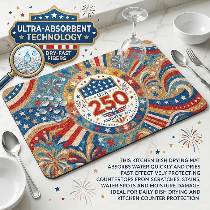 250th Anniversary USA Patriotic Dish Drying Mat 12x20 Absorbent Non-Slip - Image 6