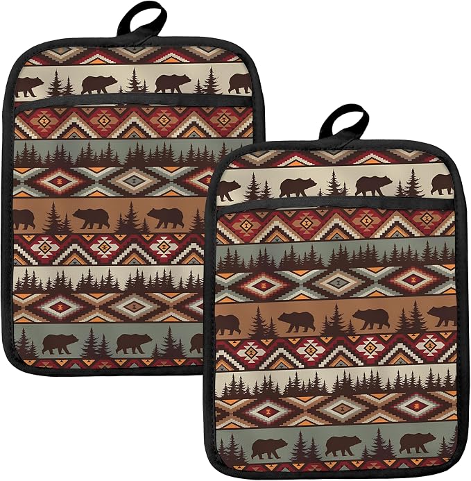 Western Aztec Bear Oven Mitts Set, Camping Camper RV Gifts, Aztec Native Tribal by HUGANE