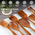 Zulay Kitchen Teak Wood Utensil Set – 7 Piece Wooden Cooking Utensils – Slotted - Image 4