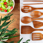 Zulay Kitchen Teak Wood Utensil Set – 7 Piece Wooden Cooking Utensils – Slotted - Image 2
