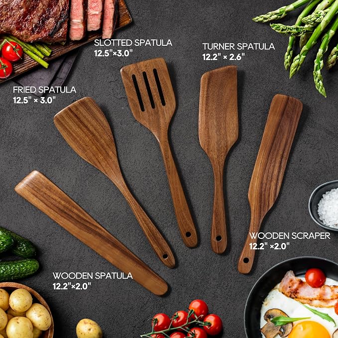 KLYRO 5 PCS Wooden Spatula Set, Natural Teak Wooden Spoons - Image 3