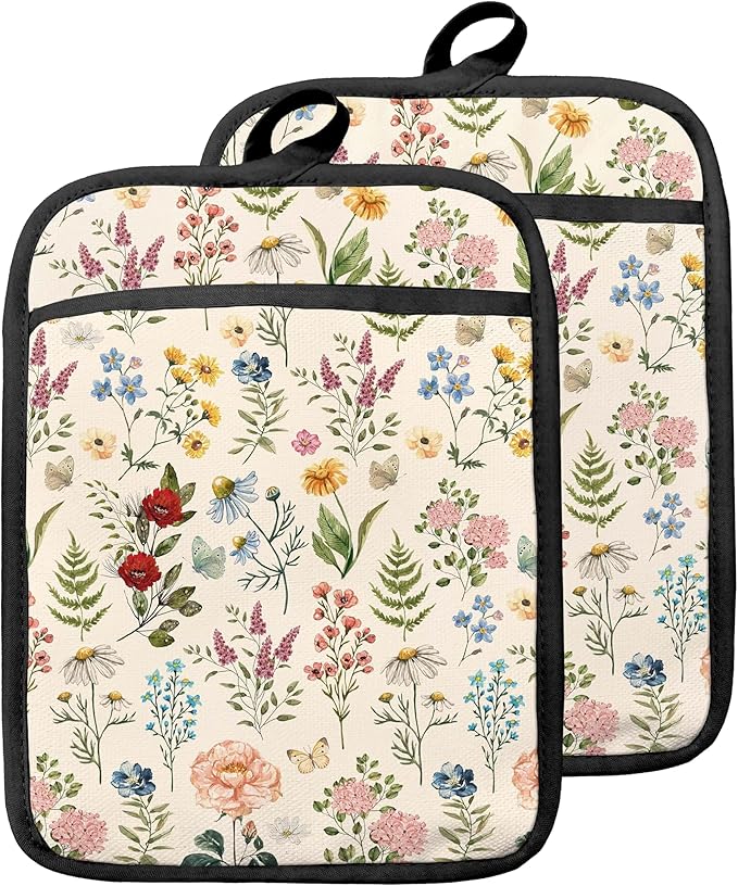 Beige Floral Botanical Pot Holders by Unknown