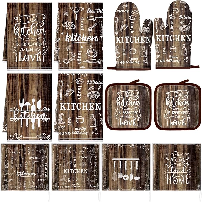 12 Pcs Farmhouse Kitchen Oven Mitts and Pot Holders Decor Sets 4 Wood Kitchen by Bencailor