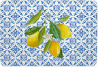 Blue and White Floral Lemon Dish Drying Mat, Mediterranean Tiles Coffee Bar Mat by Unknown
