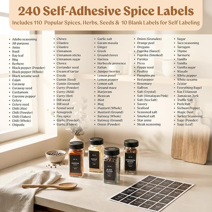 EDELHAUS Glass Spice Jars with Labels Spice Containers with 240 Labels - Image 6