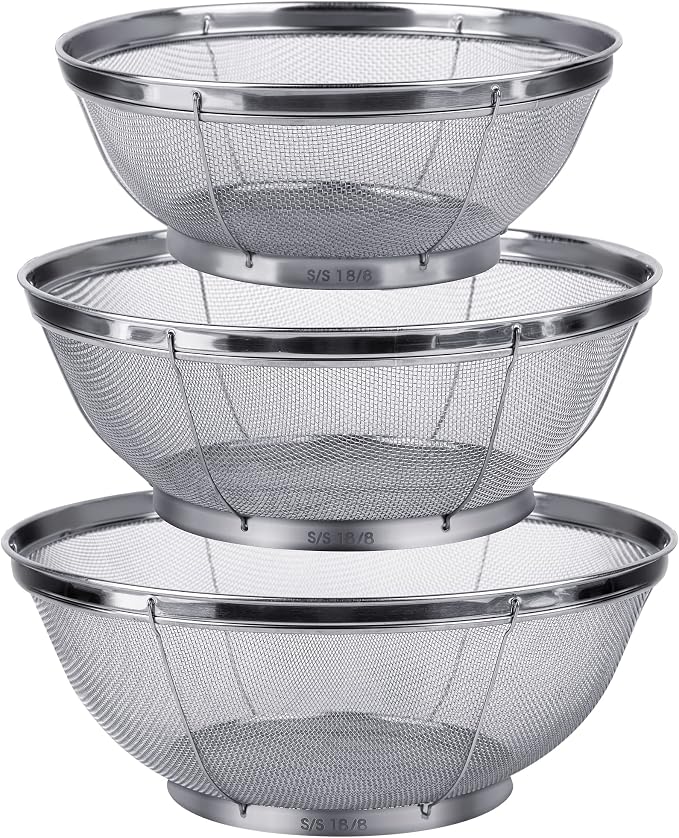 3 Pack Strainers for Kitchen, 18/8 Stainless Steel Colander, Fine Mesh Strainer by Tiawudi