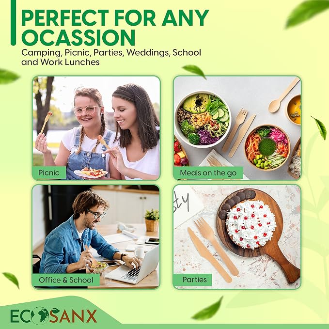 ECOSANX® 200 PCs Disposable Wooden Cutlery set 6.5" Splinter Free Compostable - Image 4