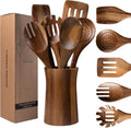 7 Piece Natural Acacia Wooden Kitchen Utensil Set by LEHAHA