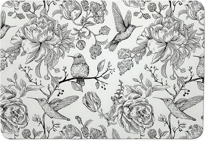 Black and White Floral Hummingbird Dish Drying Mat, Vintage Botanical Coffee by Unknown