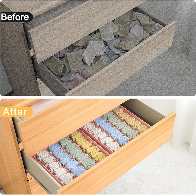 Joyoldelf 4-Pack Pink Fabric Dresser Drawer Organizers, 24-Cell Sock Drawer - Image 5