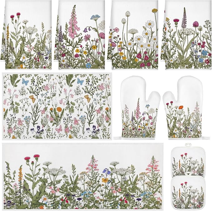 Fanfanwin 10 Pcs Wildflower Kitchen Decor Set Floral Kitchen Towels and Rugs by Fanfanwin
