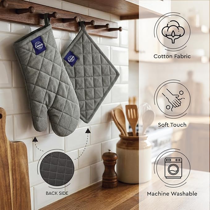 Encasa XO Heat Resistant 100% Cotton Oven Glove & Potholder Set - Image 4