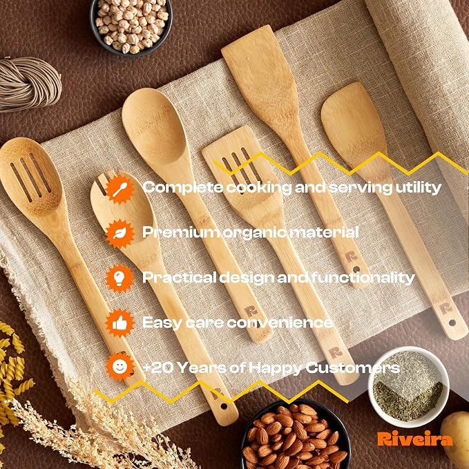Riveira Bamboo Cooking Spoons 6-Piece – Wooden Cooking Utensils Set - Image 6