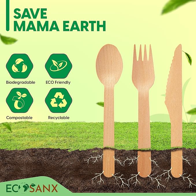 ECOSANX® 120 PCs Disposable Wooden Cutlery set 6.5" Splinter Free Compostable - Image 6